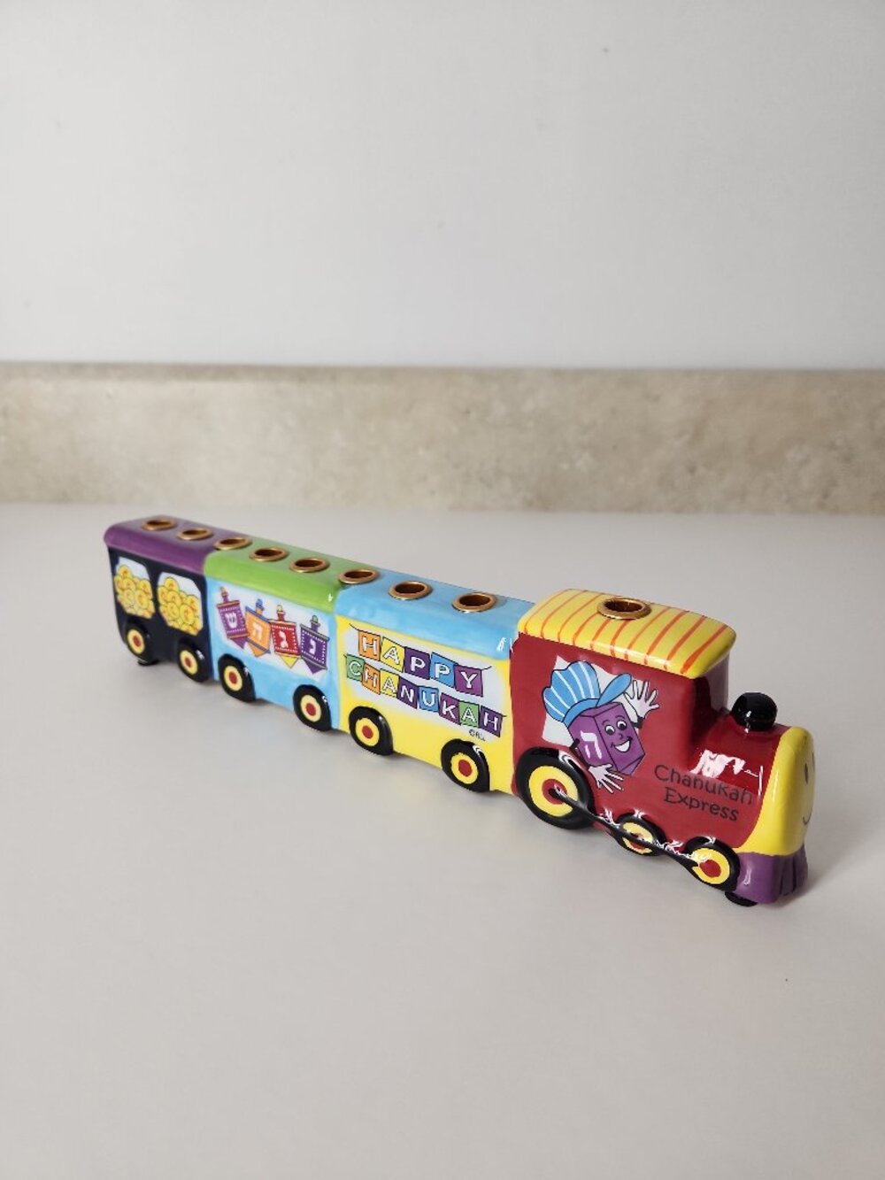 Chanukah Express Hand-Painted Ceramic Menorah whimsical train-themed Rite Lite